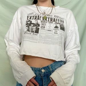 CNCO white crop long sleeve top newspaper pattern